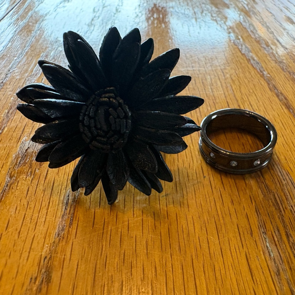 Black Stainless Steel Ring with Sparkling Stones and Black Leather Flower Ring